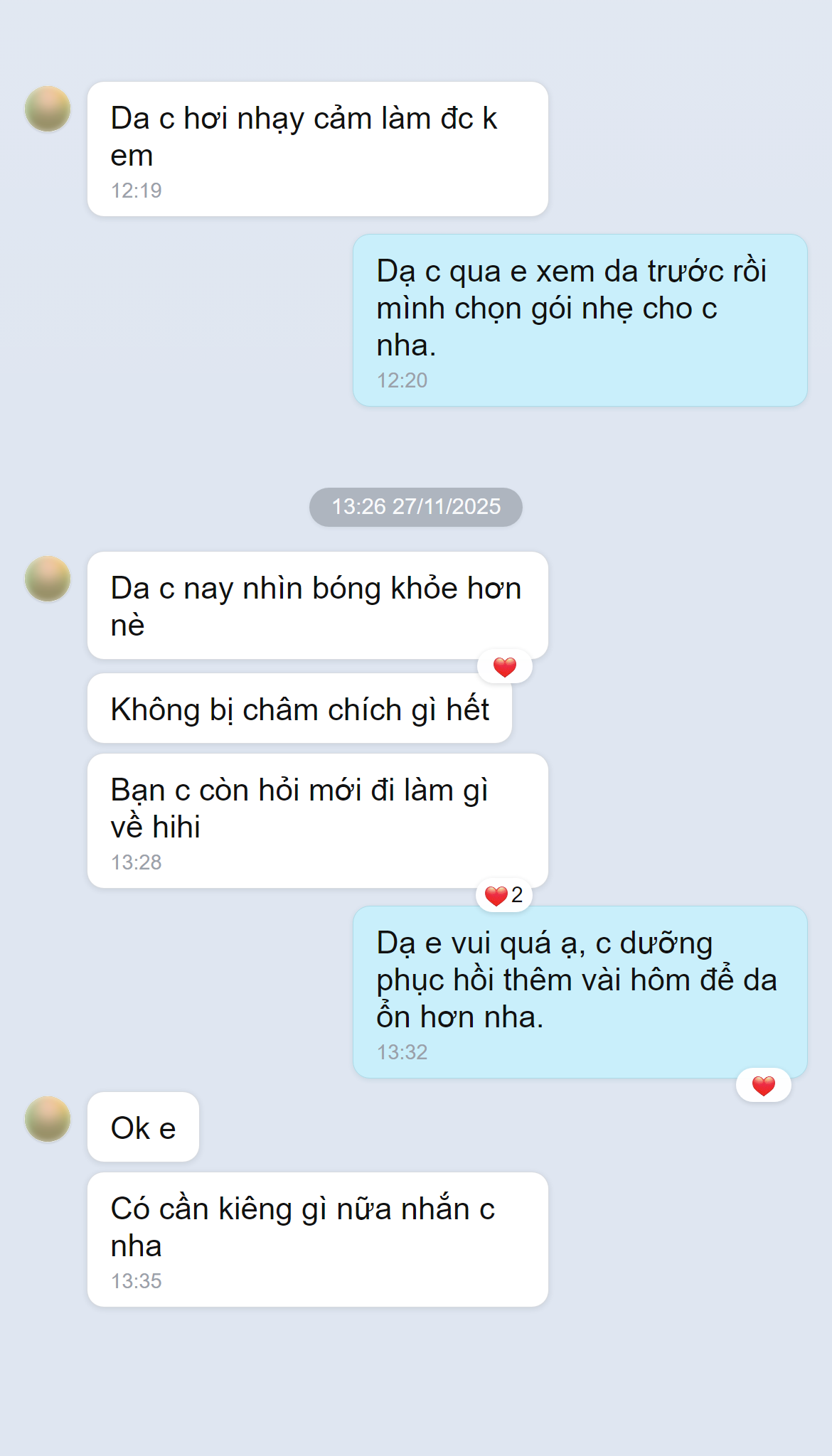 Ảnh chụp màn hình phản hồi khách hàng về cấy tảo và phục hồi da tại Doris Beauty Spa
