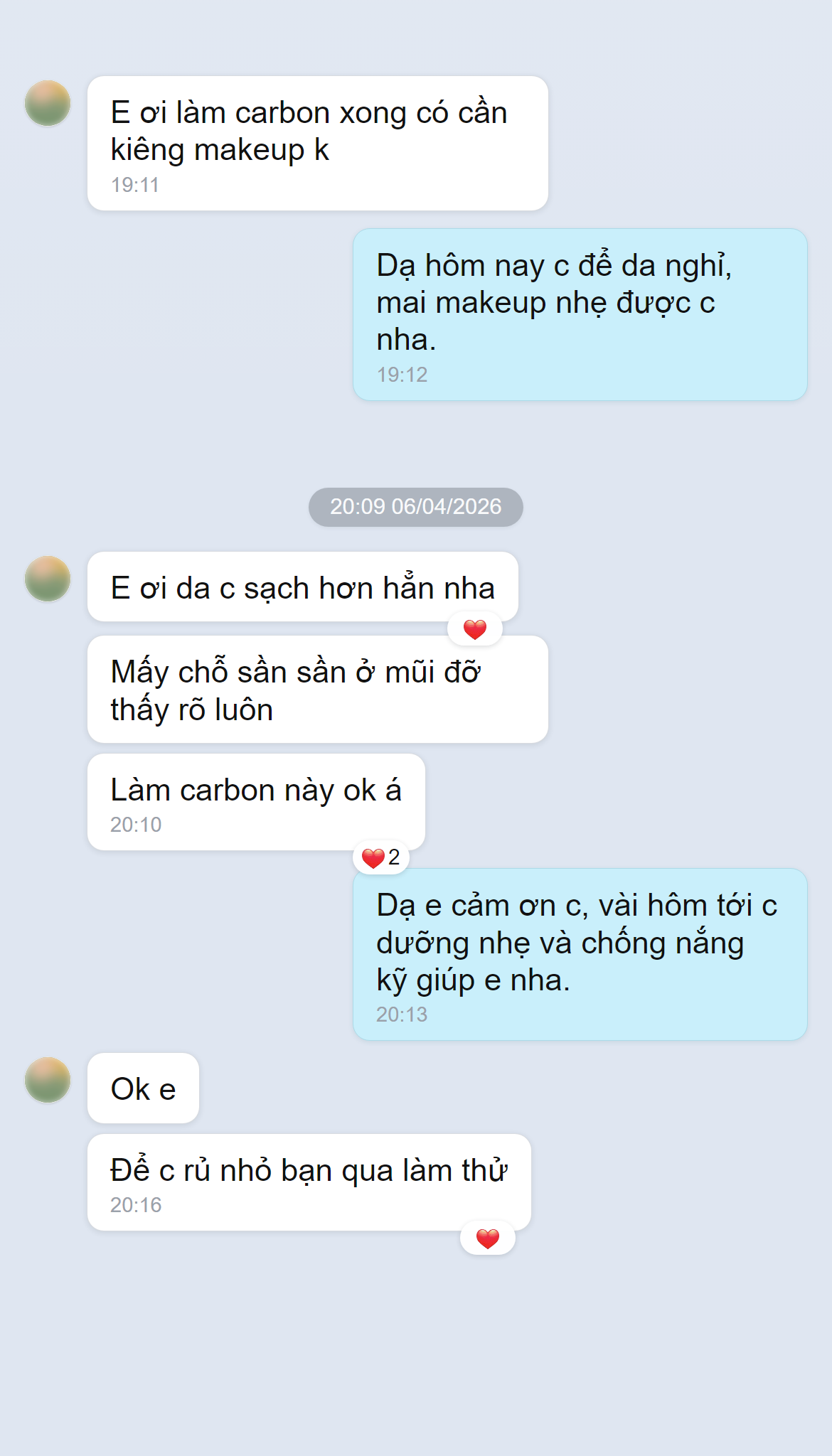 Ảnh chụp màn hình phản hồi khách hàng về chăm sóc da Carbon tại Doris Beauty Spa
