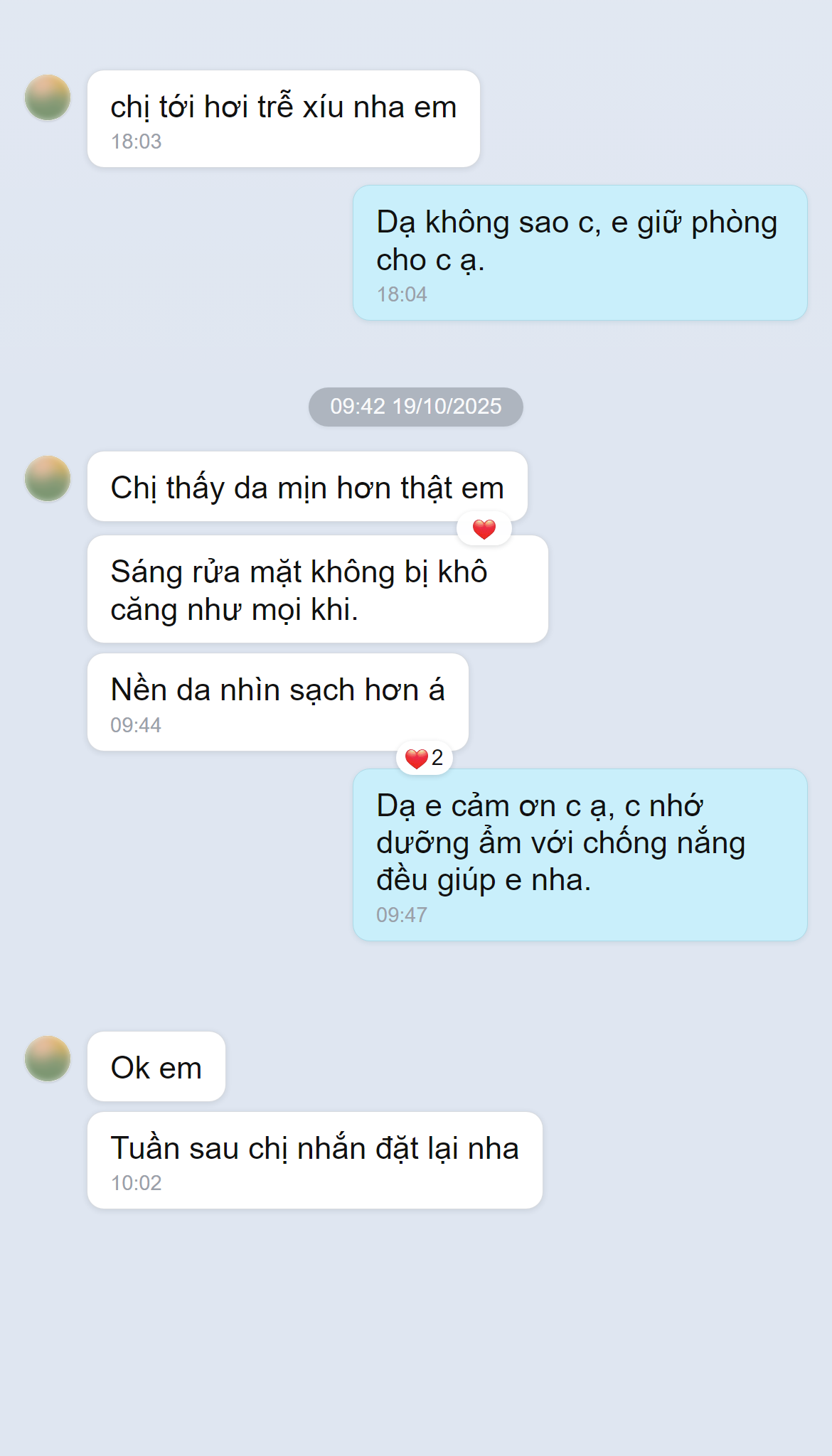 Ảnh chụp màn hình phản hồi khách hàng về chăm sóc da cơ bản tại Doris Beauty Spa