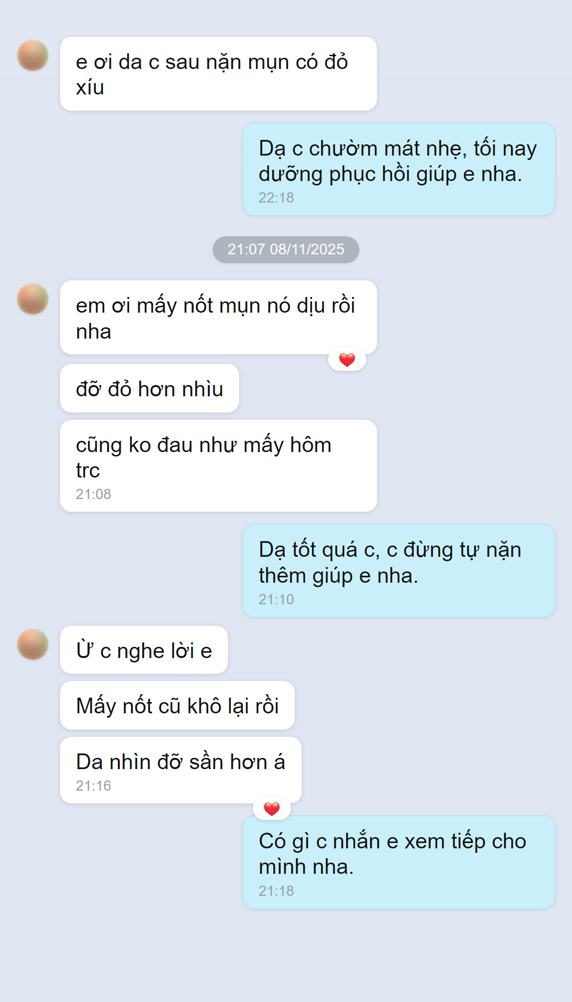 Ảnh chụp màn hình phản hồi khách hàng về chăm sóc da mụn tại Doris Beauty Spa