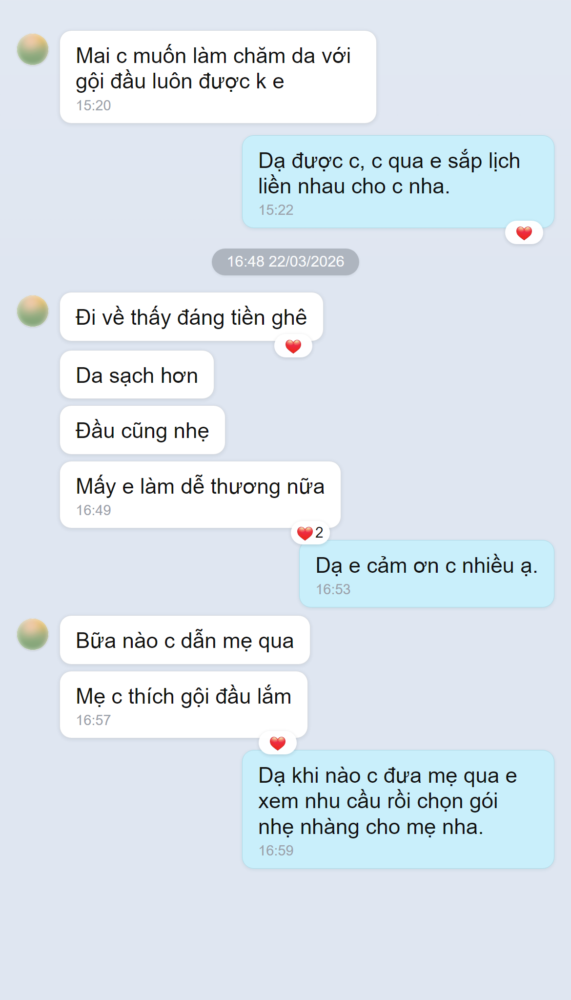 Ảnh chụp màn hình phản hồi khách hàng về combo chăm da và gội đầu tại Doris Beauty Spa