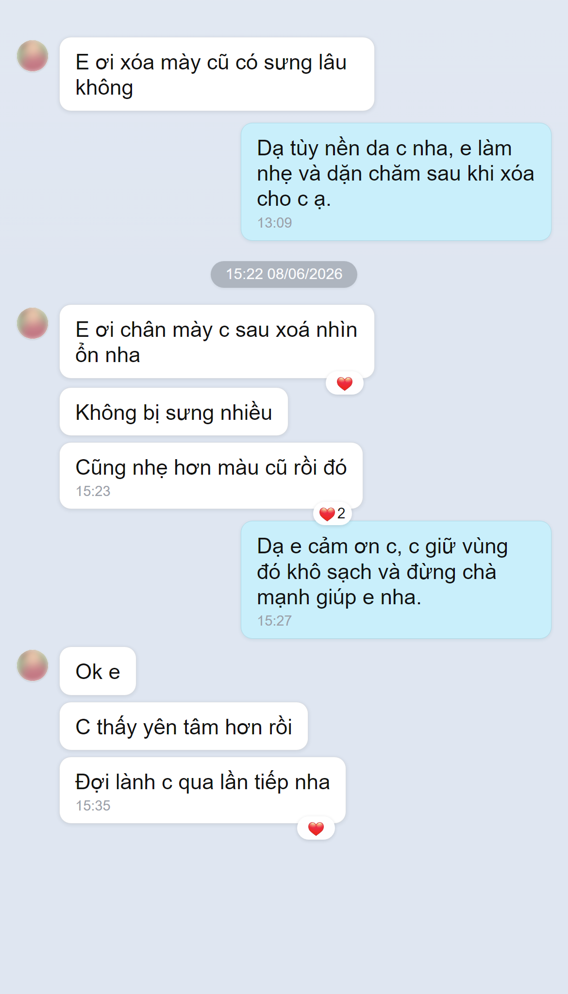 Ảnh chụp màn hình phản hồi khách hàng về laser xóa chân mày tại Doris Beauty Spa