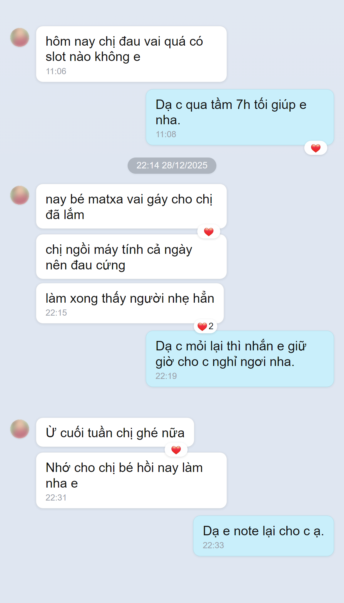 Ảnh chụp màn hình phản hồi khách hàng về massage cổ vai gáy tại Doris Beauty Spa