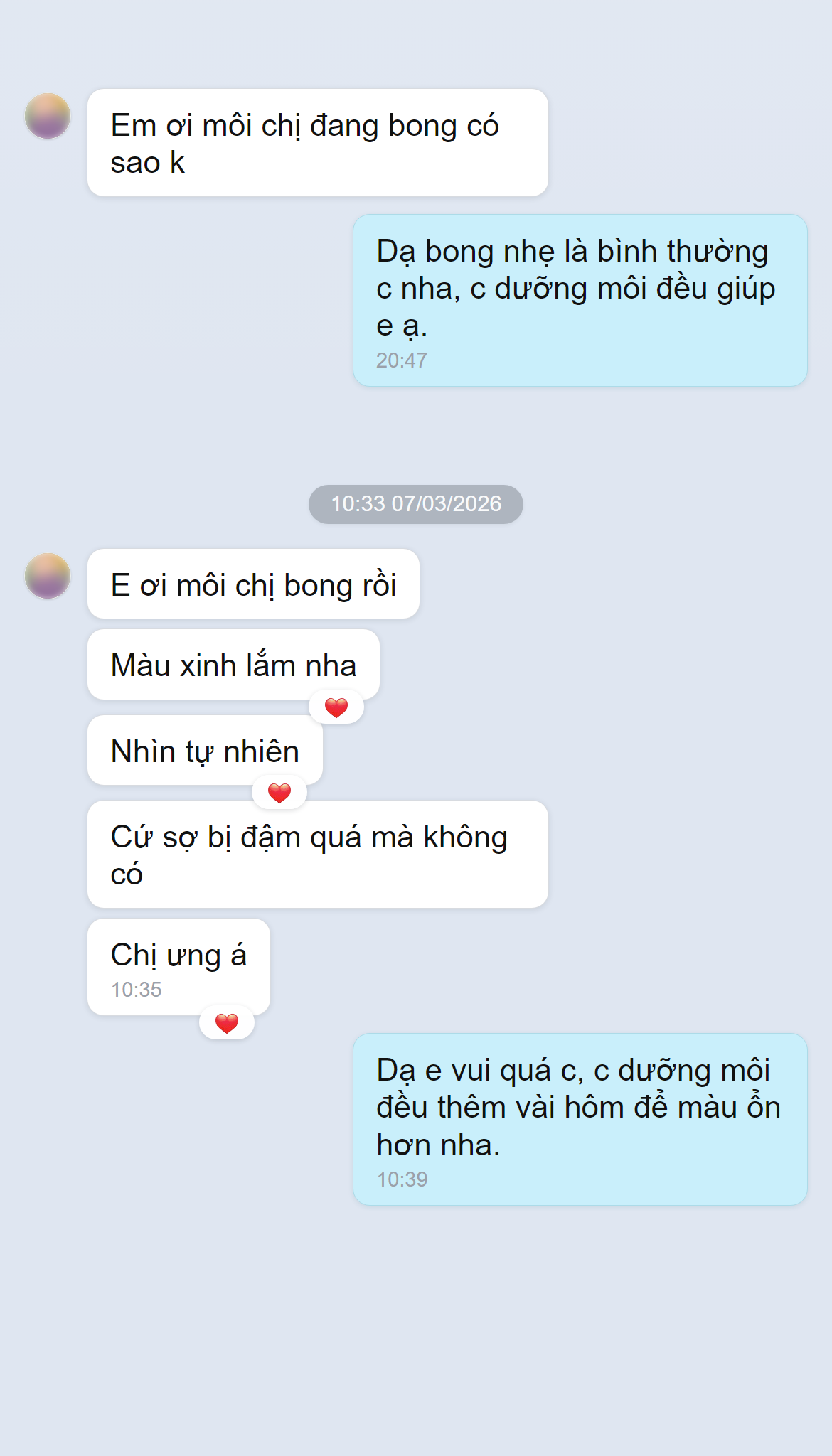 Ảnh chụp màn hình phản hồi khách hàng về phun môi tự nhiên tại Doris Beauty Spa