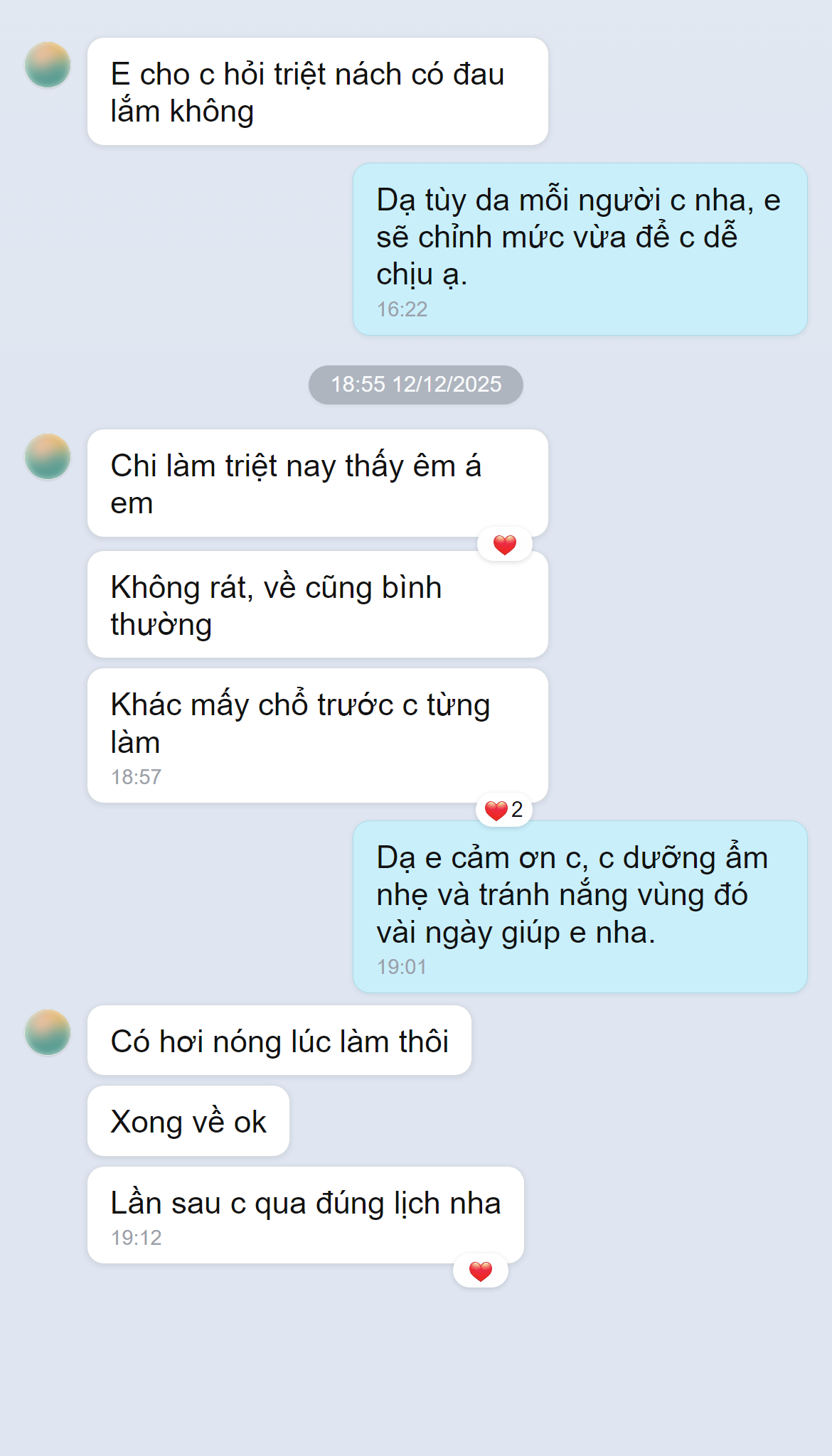 Ảnh chụp màn hình phản hồi khách hàng về triệt nách Laser Diode tại Doris Beauty Spa