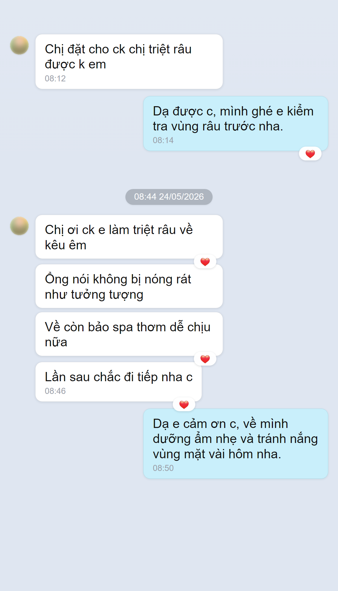 Ảnh chụp màn hình phản hồi khách hàng về triệt râu nam tại Doris Beauty Spa